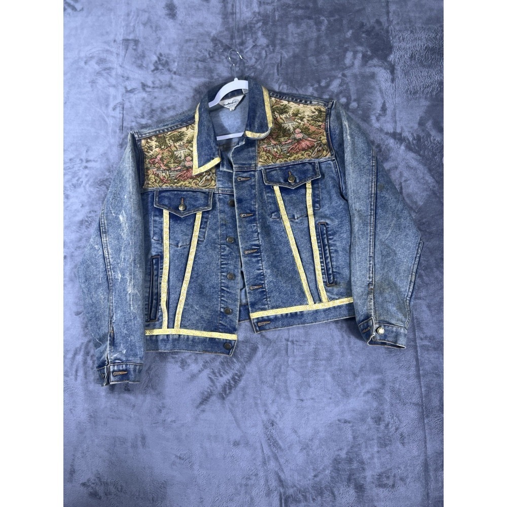Vintage Windbreaker Denim Jacket XL Tapestry Floral Mixed Media Trucker Blue